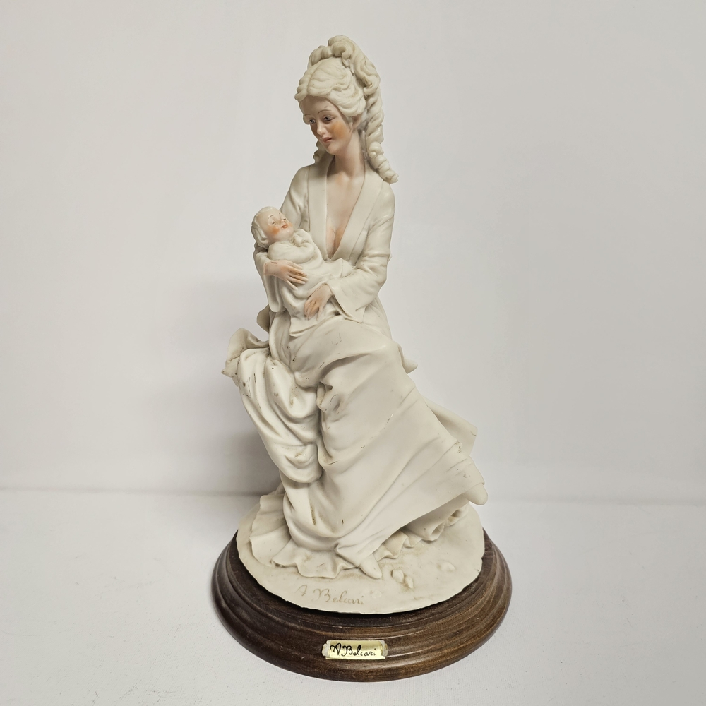 Heavy A. Belcari 1985 Mother & Child Porcelain Figurine on Wood Base